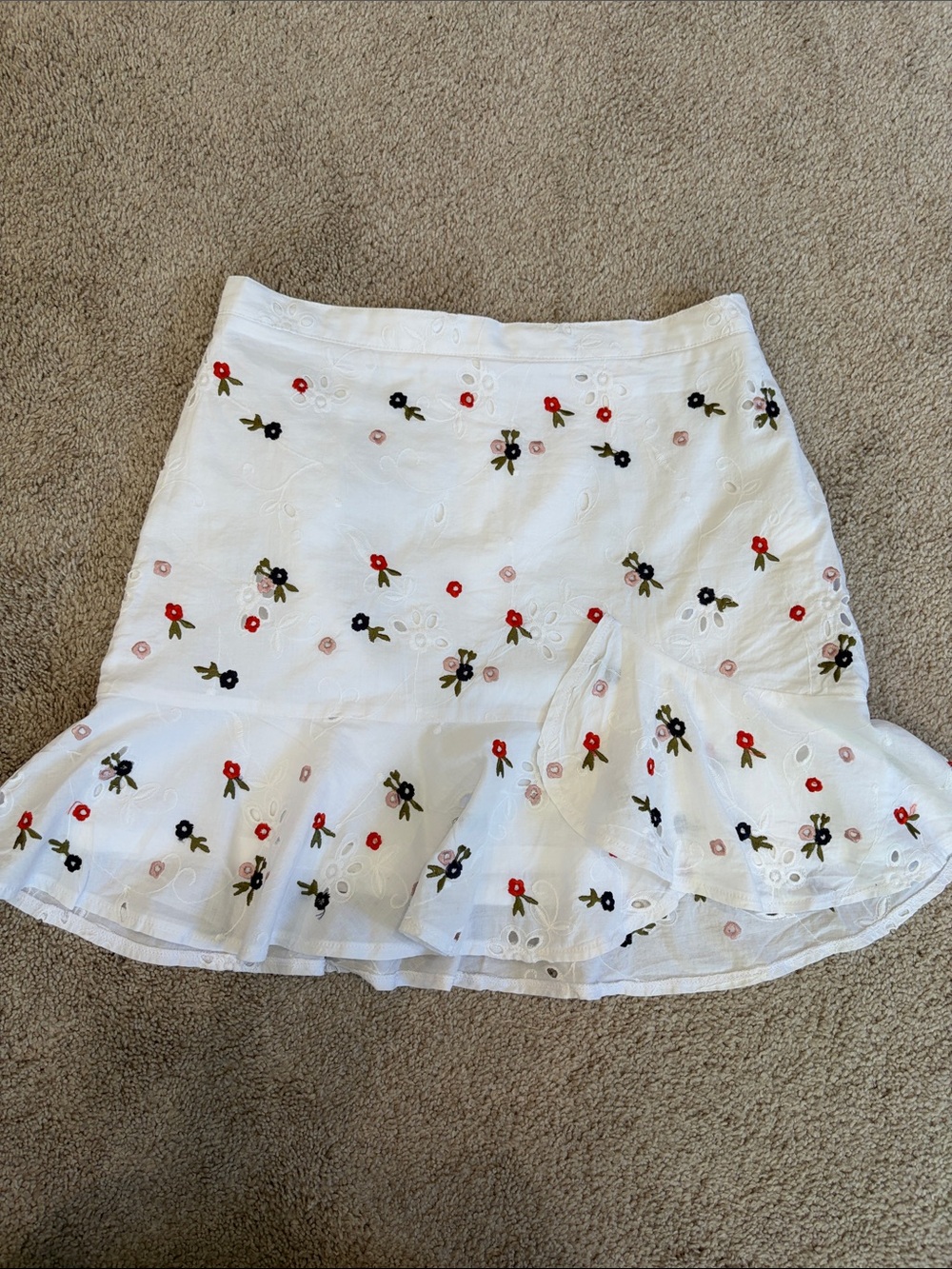 Express White Eyelet Mini Skirt with Red, Black & Pink Floral Embroidery